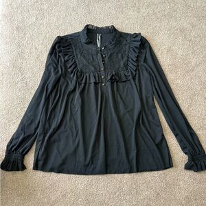 Anthropologie Black Ruffle Button Blouse